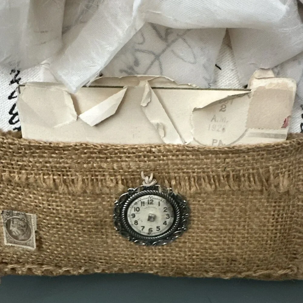 Vintage Burlap Pillow Organza Ruffles  Handwritten Letter Shabby Chic Farmhouse